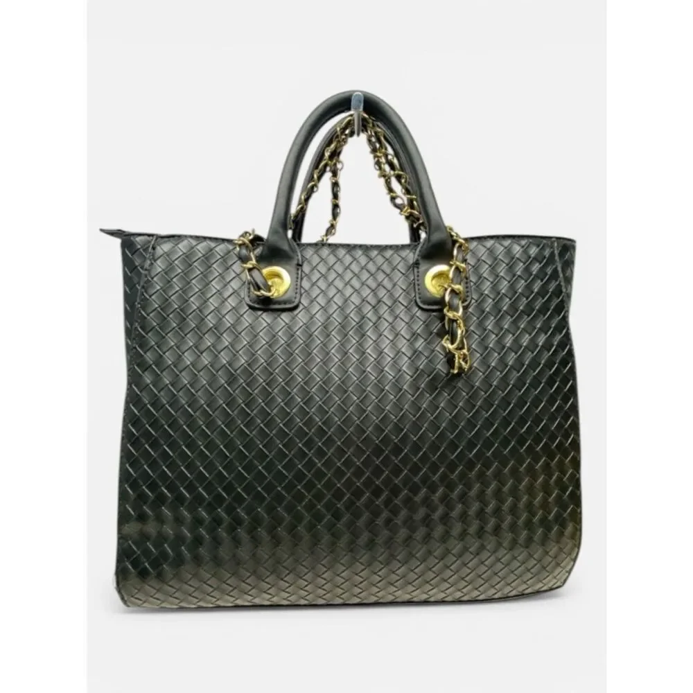 Woven Black Tote Bag Chain Strap Minimalist Luxe Work Travel Large Carryall